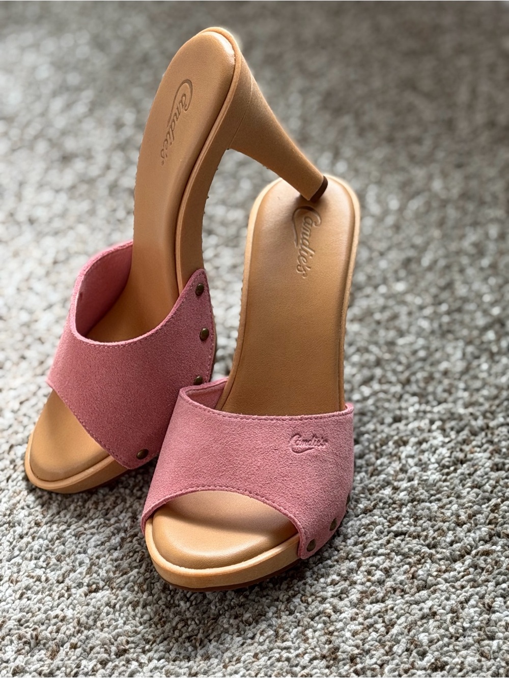 NWOT Candie’s Pink Suede Open-Toe Mule Heels Retro SZ 10